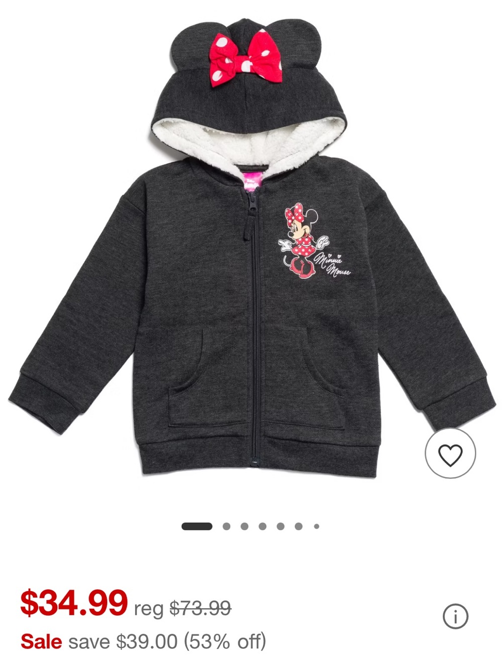 Disney Minnie Mouse Charcoal Grey Zip-Up Hoodie with Bow on Hood